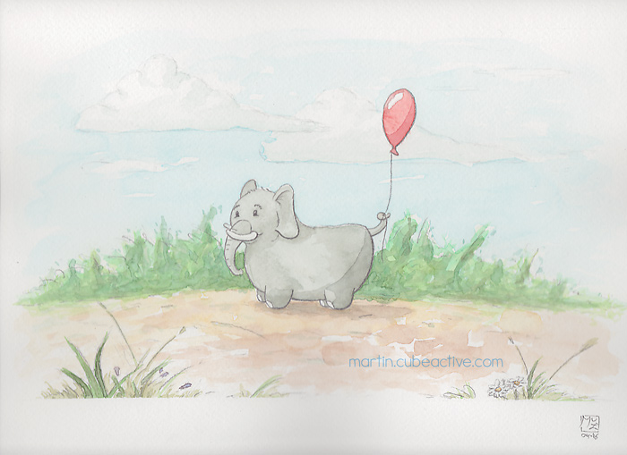 Elephant with red balloon watercolor illustration